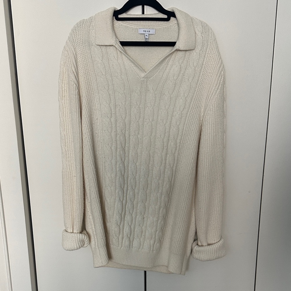 REISS Cumberland Cable Knit Polo Sweater